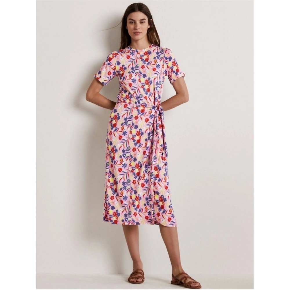 Boden Amanda Pink Floral Midi Dress Side Tie Size 16/18 Cottagecore Summer - Picture 2 of 12